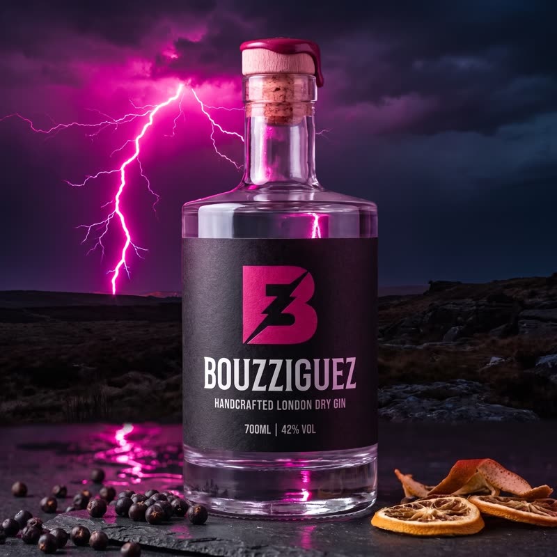 La misma botella en una sesión de estudio con rayo y fondo de tormenta